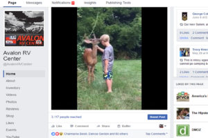 facebook marketing, picture zoomed in of avalon rv centers facebook page with a post with more than 80 likes on the facebook page, picture of a kid getting kissed by a deer
