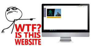wtf is this bad website, picture of a bad website on a desktop computer with a troll face character pointing at the screen that says wtf is this website, bad websites on the internet