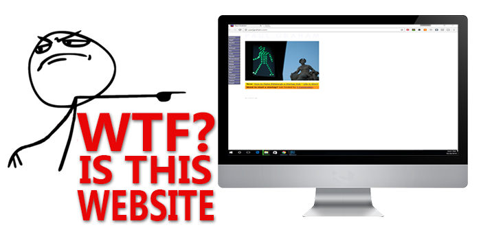 wtf is this bad website, picture of a bad website on a desktop computer with a troll face character pointing at the screen that says wtf is this website, bad websites on the internet