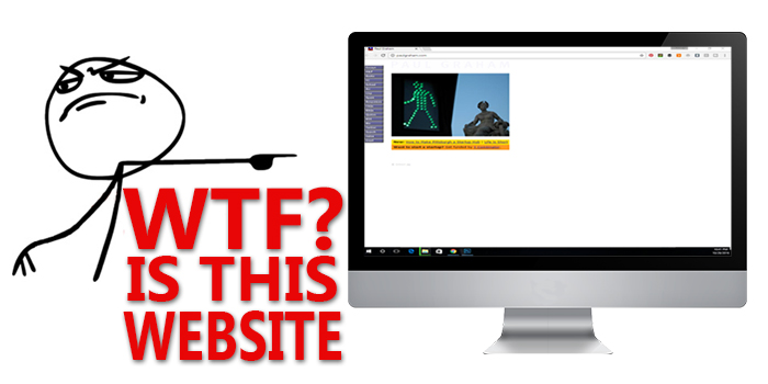 wtf is this bad website, picture of a bad website on a desktop computer with a troll face character pointing at the screen that says wtf is this website, bad websites on the internet