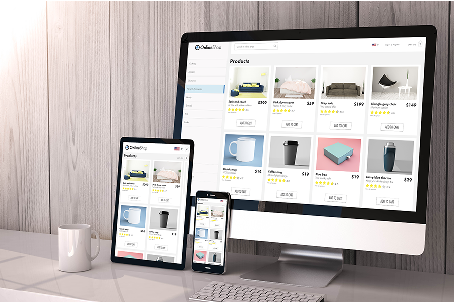 three devices with a website showing with products for sell on website