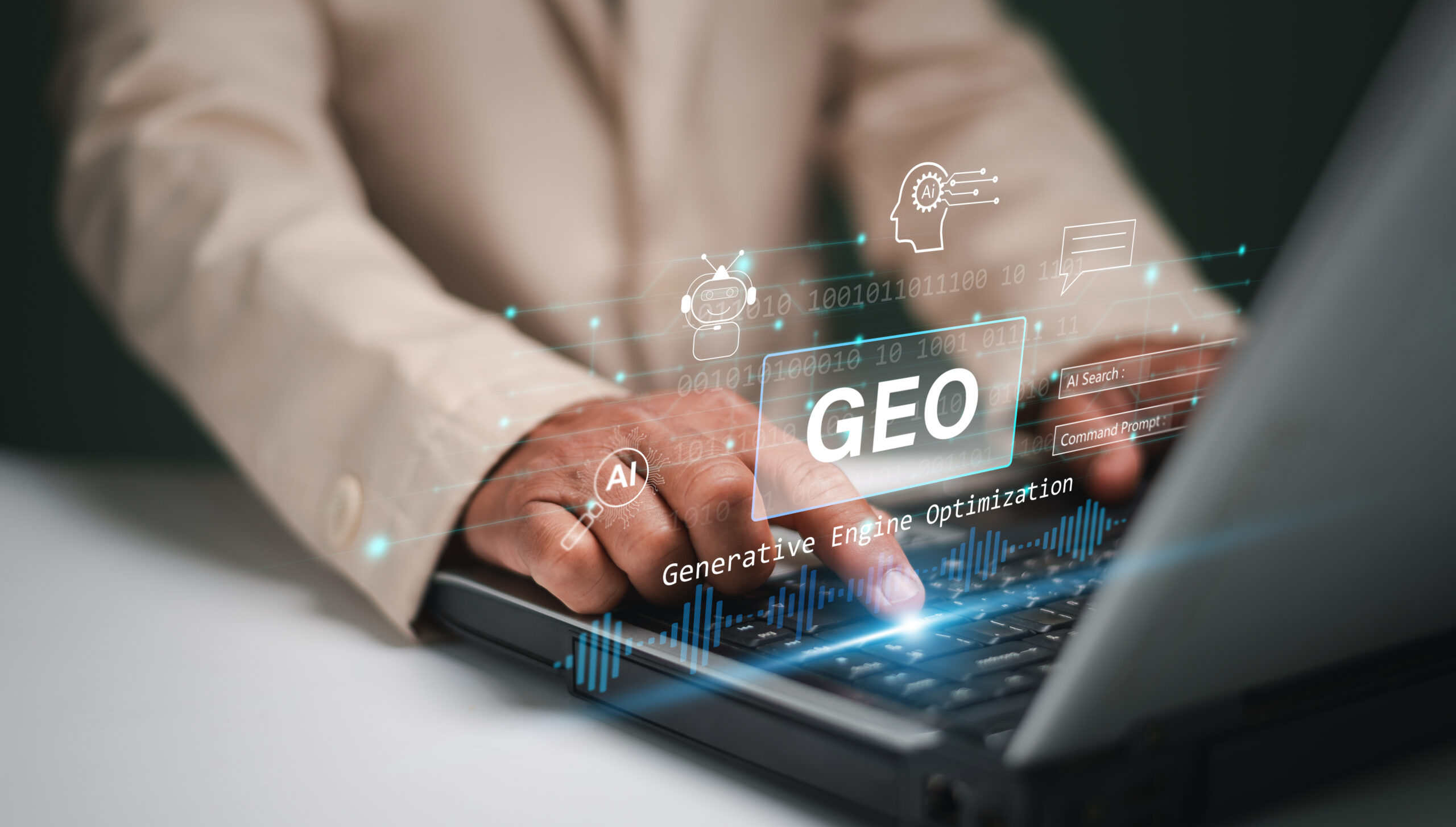 Generative Engine Optimization (GEO) concept. Businessman use generative engine optimization on laptop for view search results from internet network. Ai smart search. Icons representing AI. person searching info on a laptop for geo Generative engine optimization