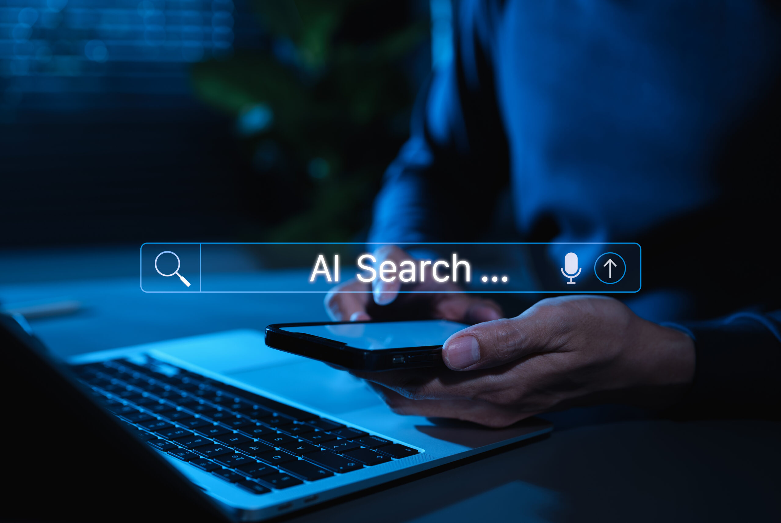 AI search engine technology concept. Man use smartphone with AI search bar interface representing artificial intelligence search technology, voice input, and innovation in modern information retrieval geo technical