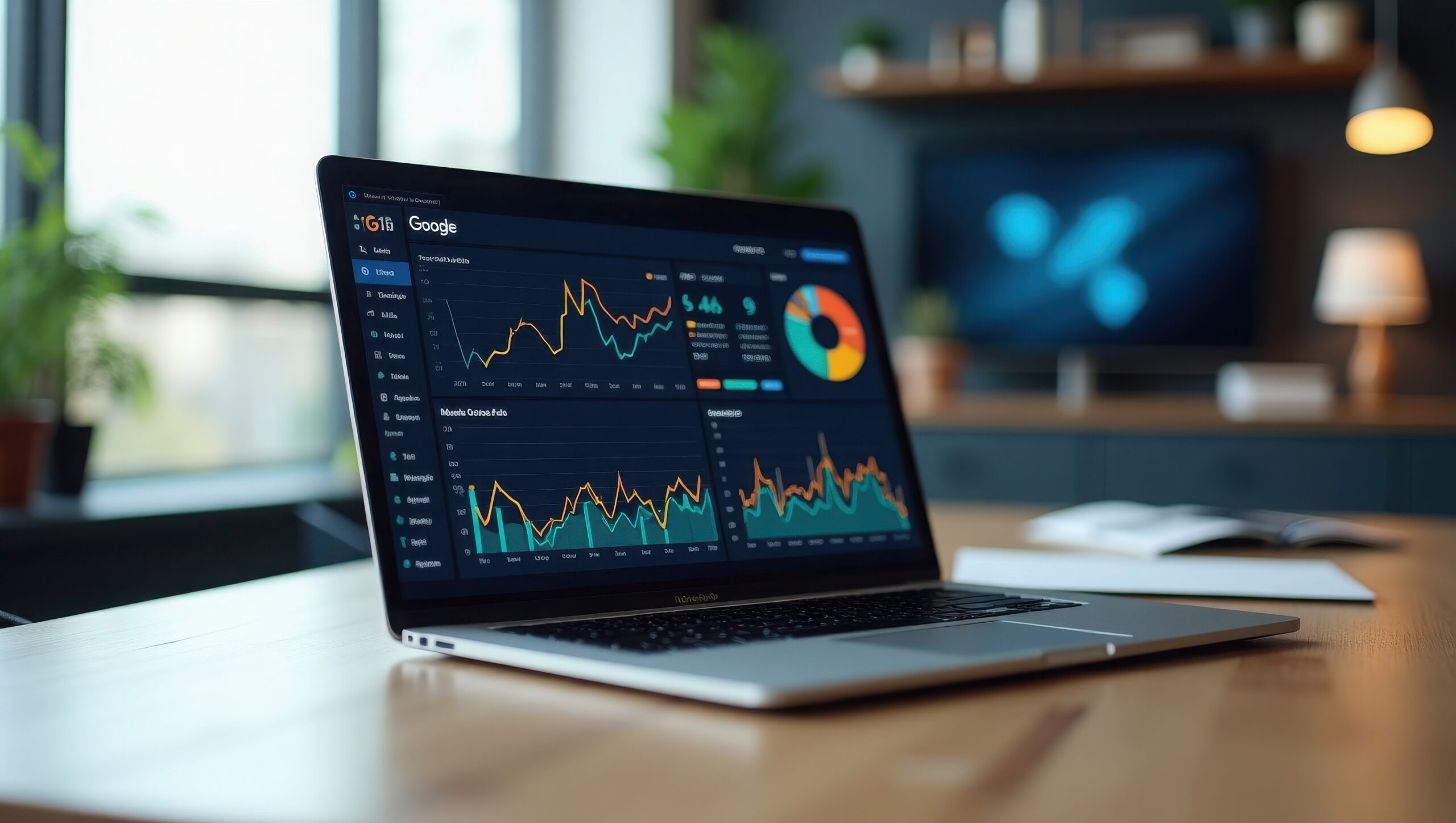 Professional social media marketing dashboard on laptop showing Google ads metrics, AI analytics, colorful charts in modern office setup with clean minimalist design AB Testing