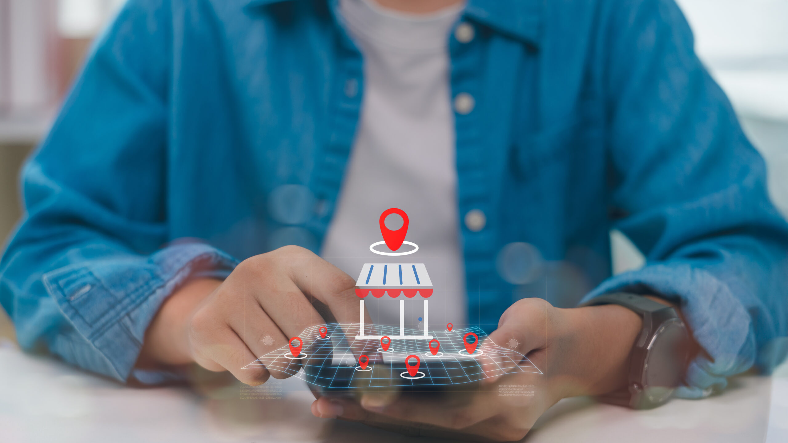 Person holding smartphone with 3D map and location pins, highlighting local store search, location-based marketing, and smart navigation for digital business and Local SEO optimization. local geo