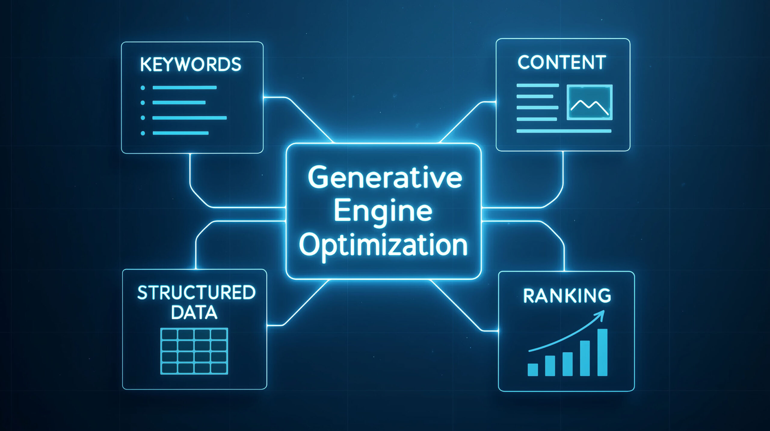 Generative engine optimization GEO diagram showing keywords, content, structured data and ranking concept of digital marketing, search visibility and online growth generative engine optimization faqs