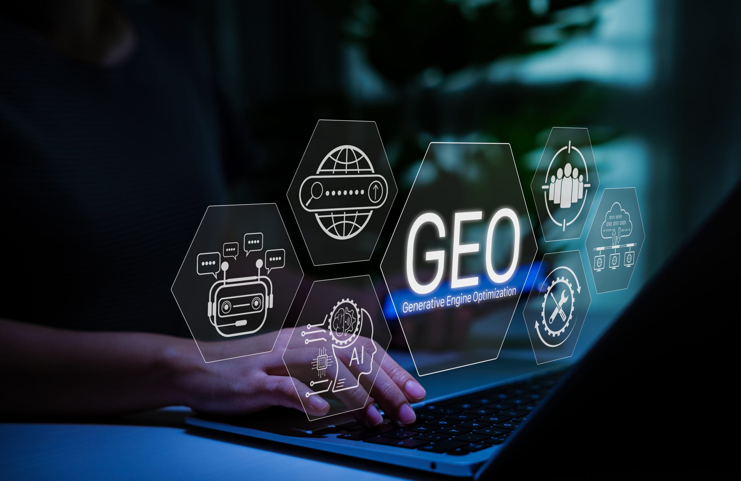 Generative Engine Optimization (GEO) concept with AI icons and chatbot interface, illustrating modern digital marketing and search engine strategies powered by artificial intelligence. AI search, generative engine optimization geo content