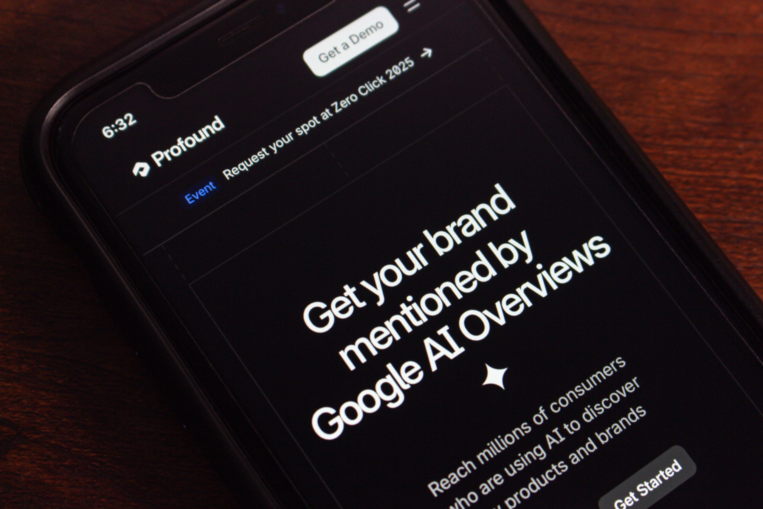 Mexico City, MEXICO – Sep 3 2025 : Close-up of a smartphone displaying the Profound AI website, promoting Google AI Overviews for brand exposure and marketing automation. Get Cited by ChatGPT and Google AI Overview