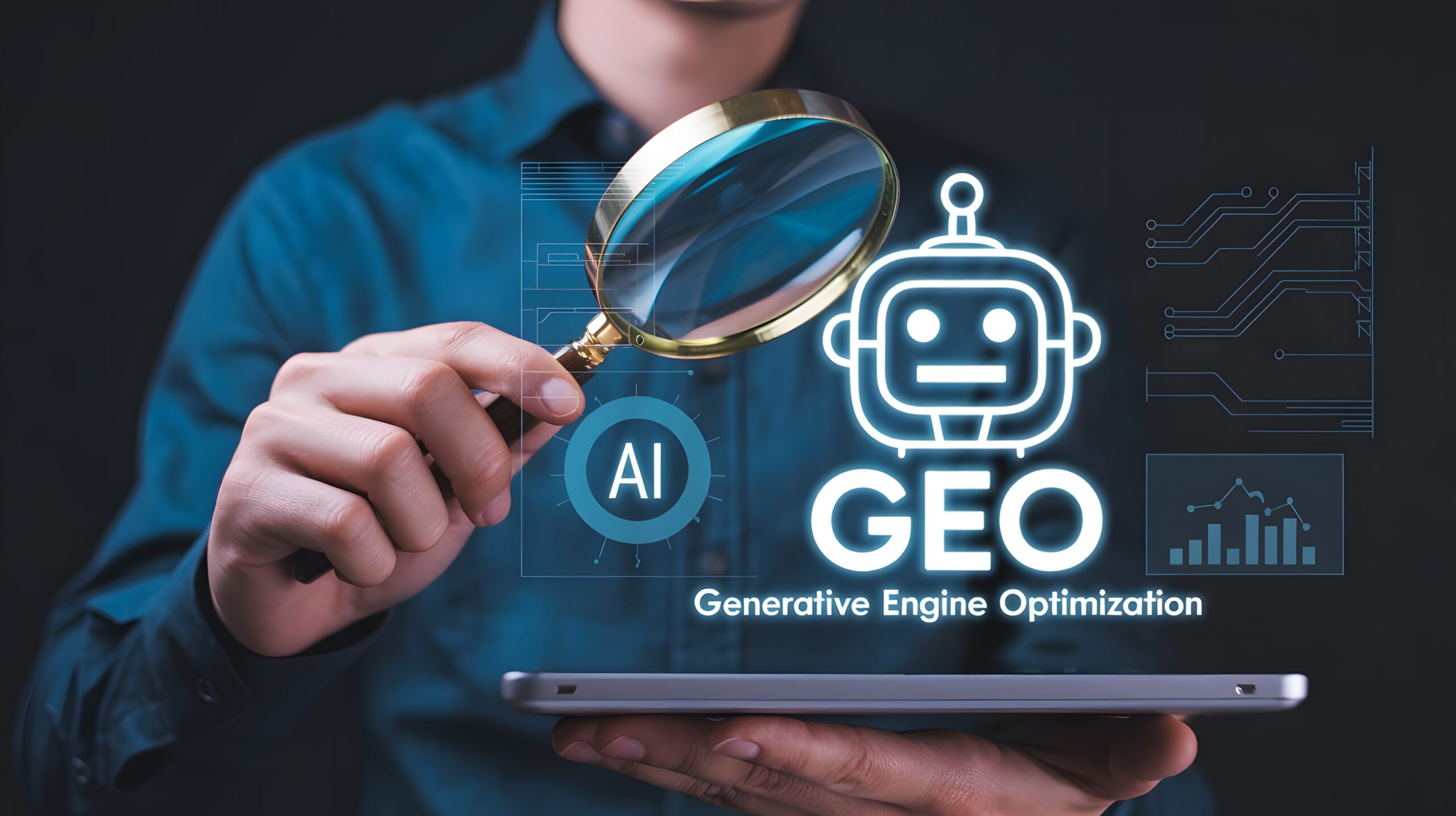 Man holding a magnifying glass over a tablet displaying ai geo generative engine optimization concept, symbolizing advanced search and ai technology geo schema