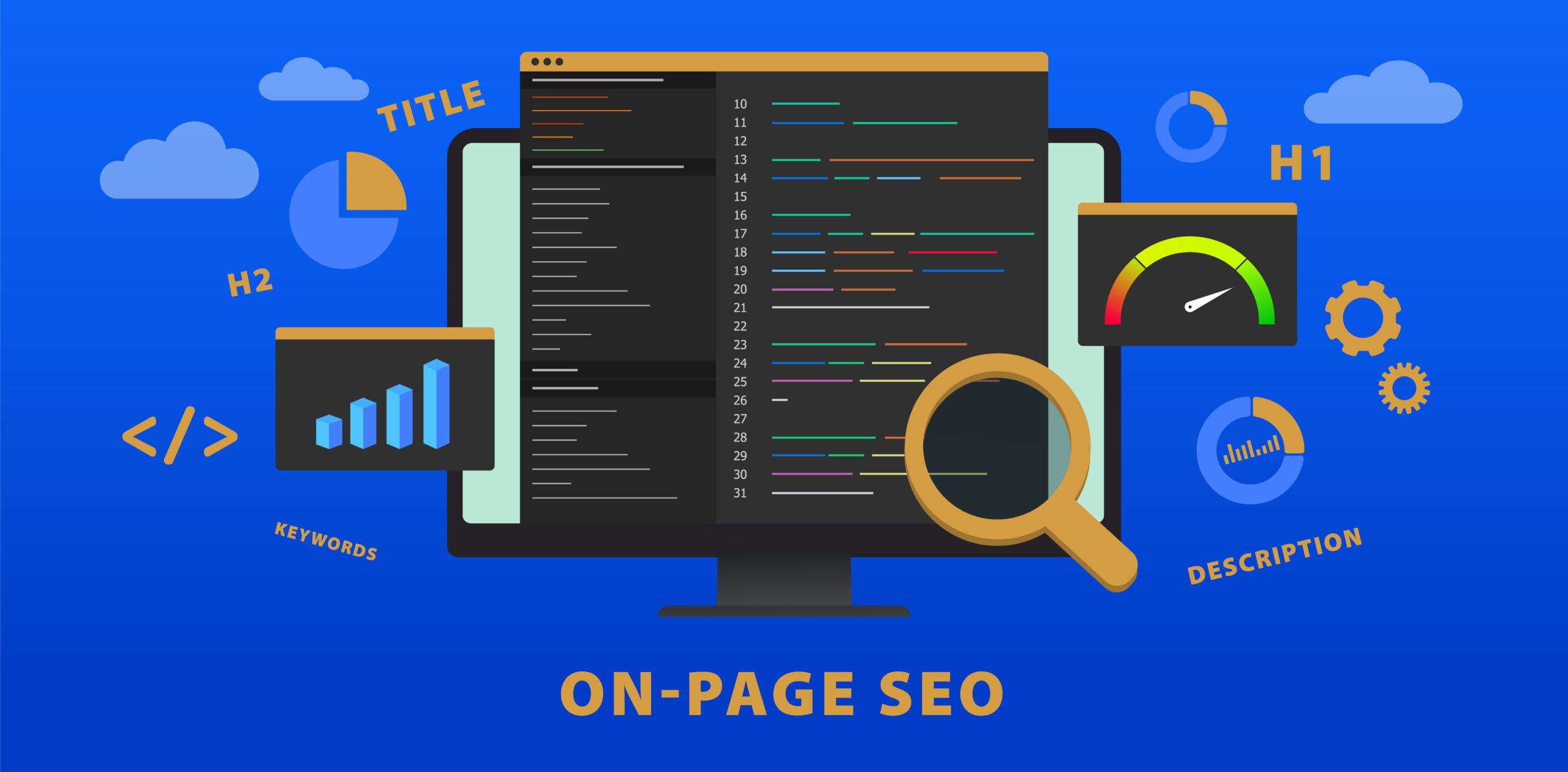 On-page SEO (Search Engine Optimization) website vector banner concept. Change of title, description, meta tags, h1, headlines and keywords. Web development for better ranking in search engines on page seo best practices