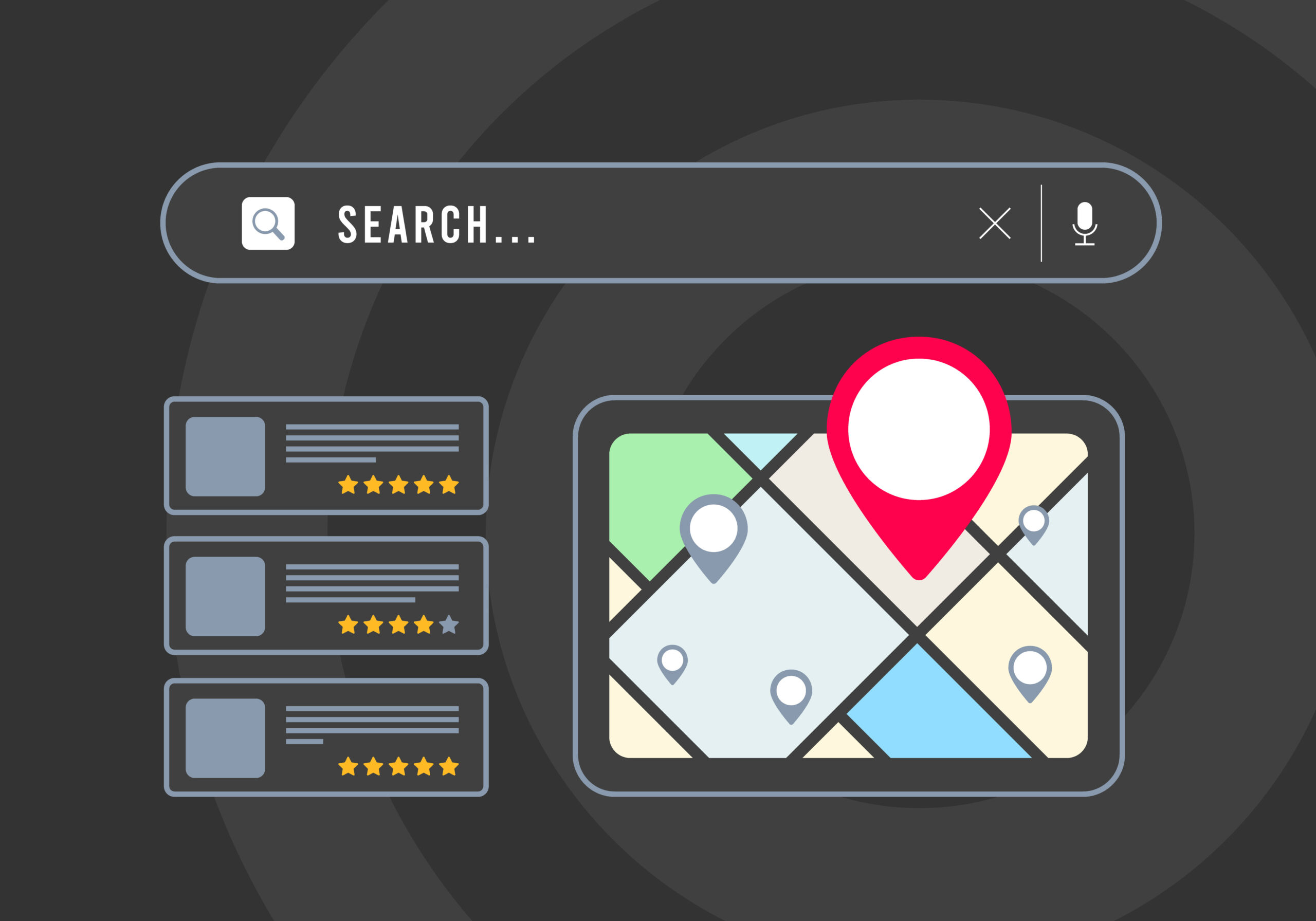 Local Search – small business seo marketing strategy based on consumer near me searches. Browser with local business listing, map and red pin icon, search result with nearby places with star rating local authority digital marketing for seo and geo