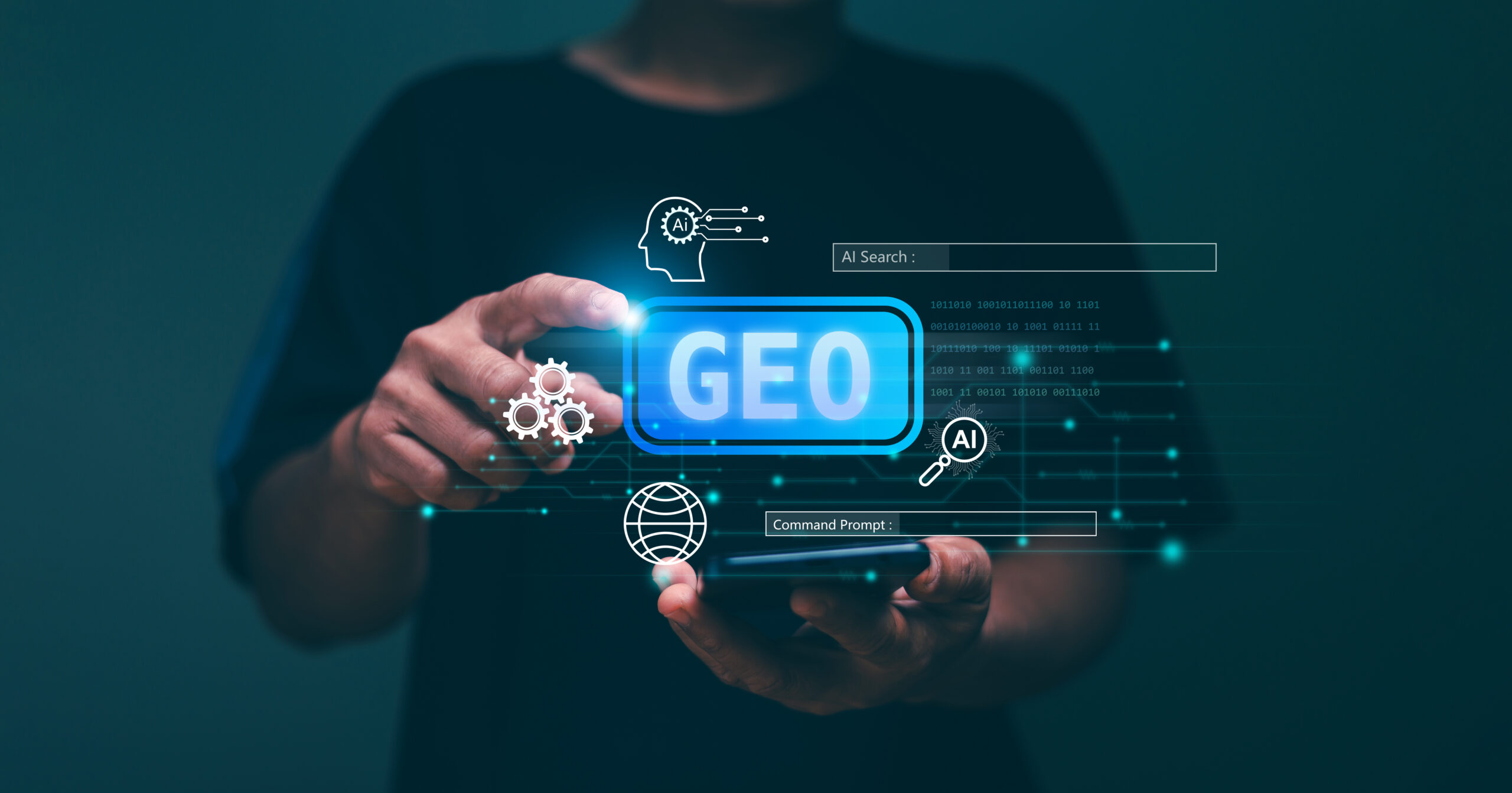 Generative Engine Optimization (GEO) concept. Businessman use generative engine optimization on smartphone for view search results from internet network. Ai smart search. geo tools
