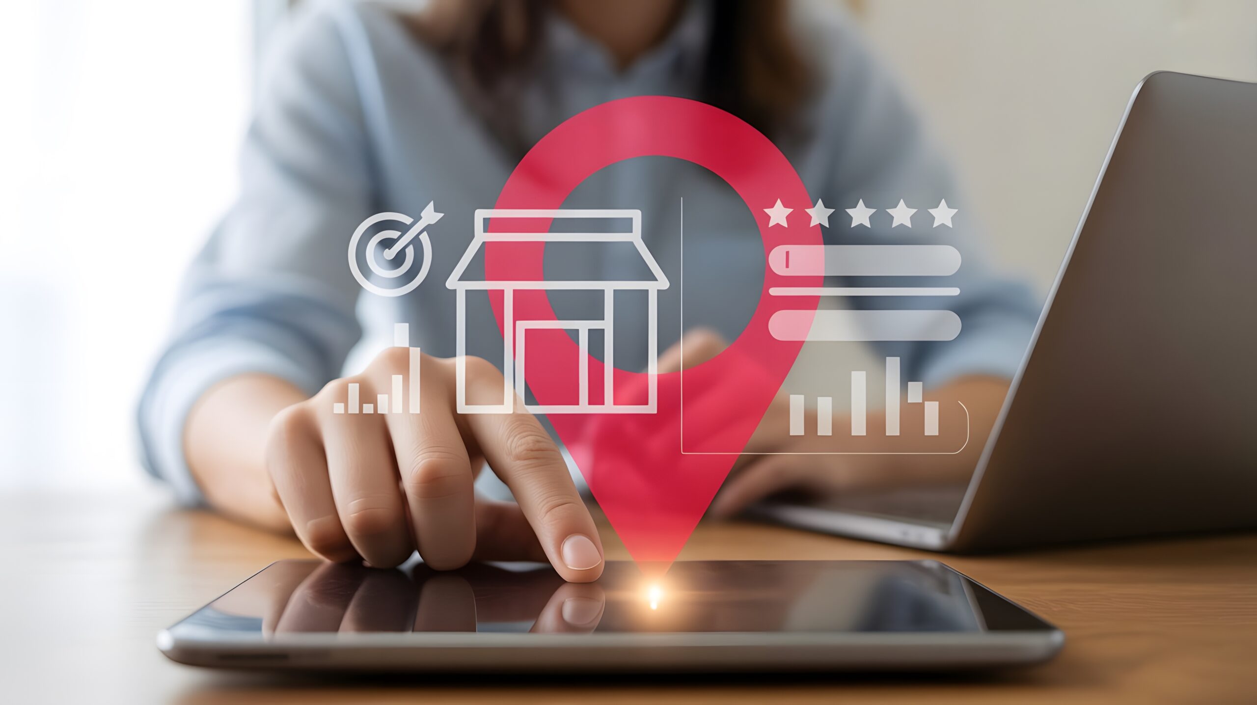 Illustration of business owner using a tablet to manage local business online presence with digital marketing icons and charts overlay dynamic schema