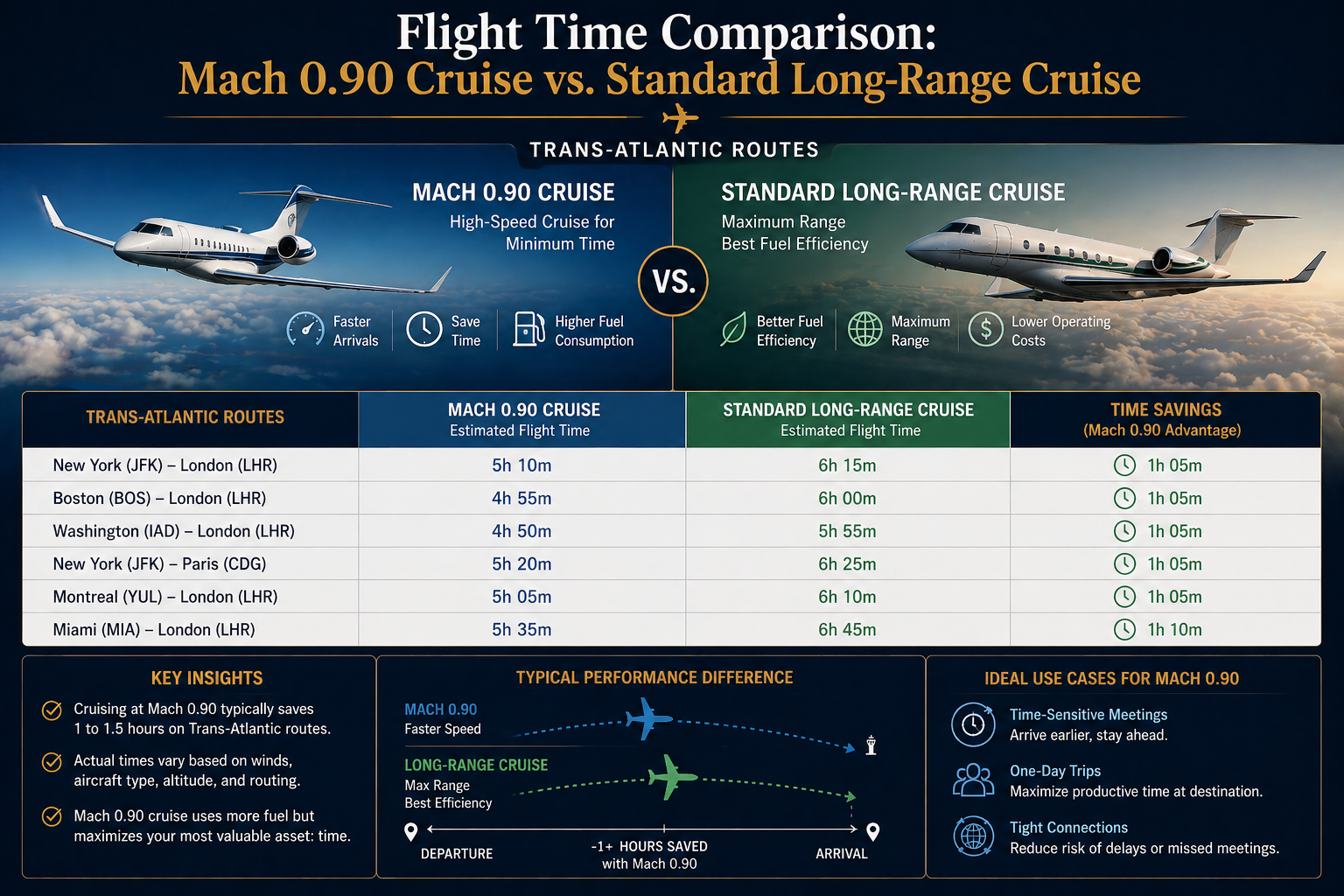 Flight time comparison: Mach 0.90 cruise vs. standard long-range cruise for trans-Atlantic routes
