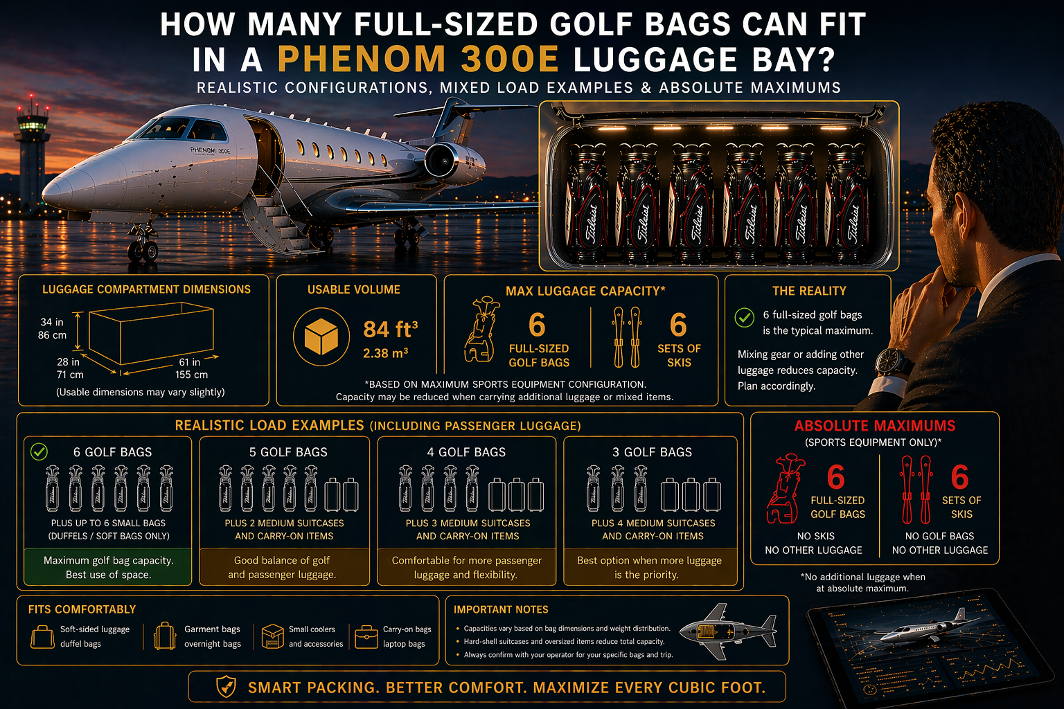 How Many Full-Sized Golf Bags and Ski Sets Can Fit in a Phenom 300E Luggage Bay