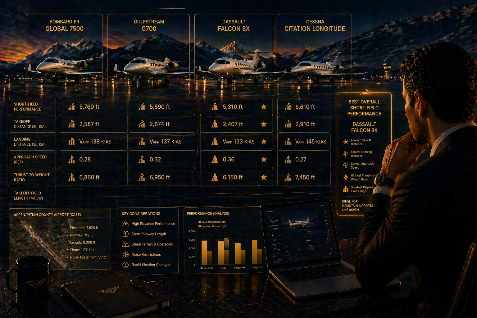 Which ultra-long-range jet has the best short-field performance for mountain airports like Aspen