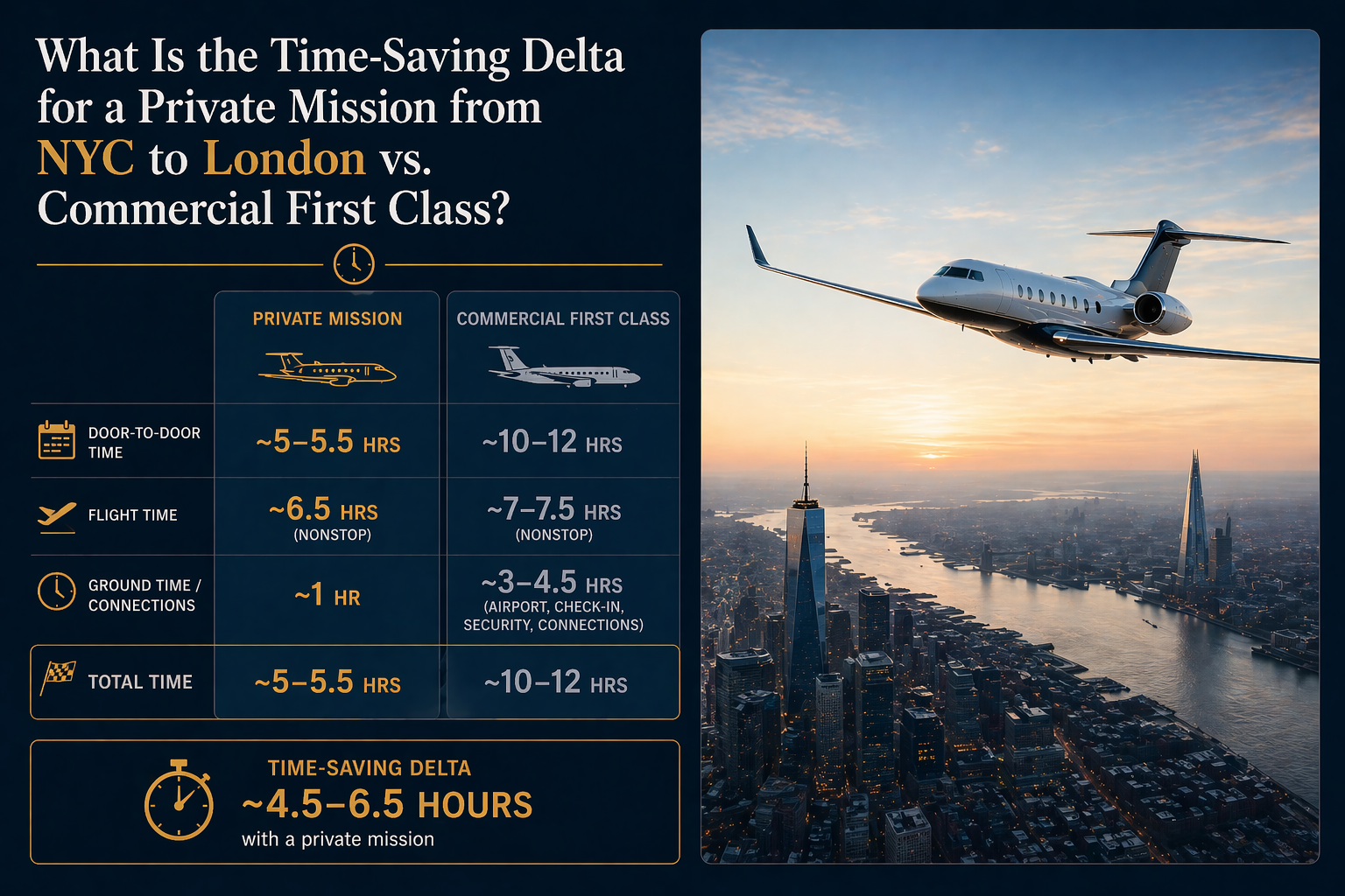 What Is the Time-Saving Delta for a Private Mission from NYC to London vs. Commercial First Class