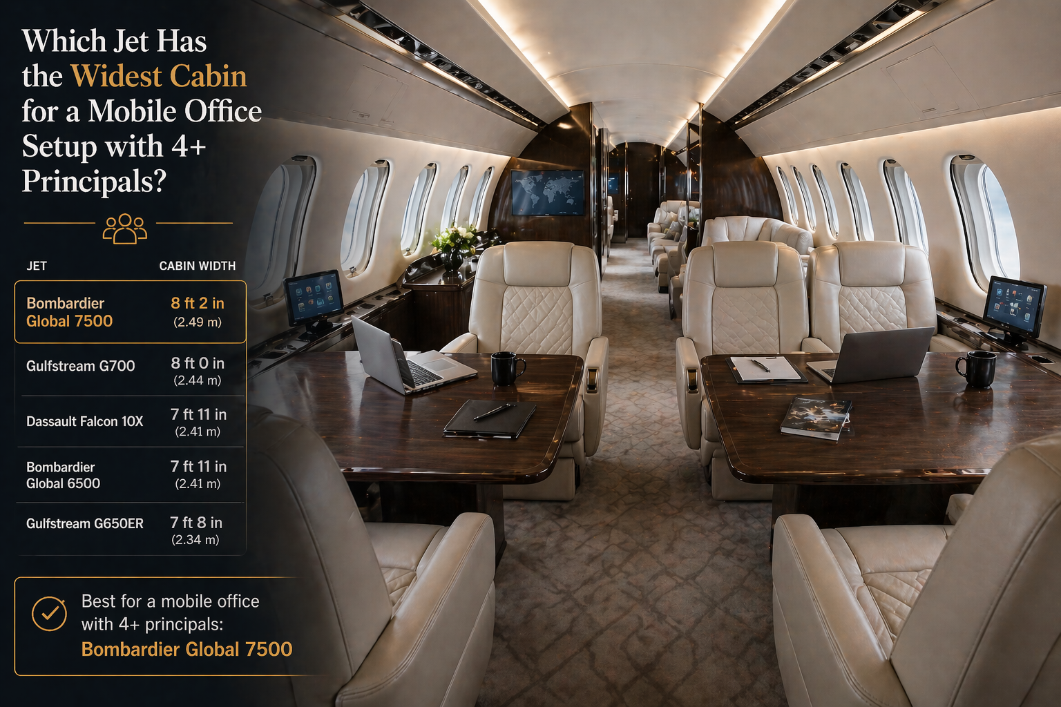 Which jet has the widest cabin for a mobile office setup with 4+ principals