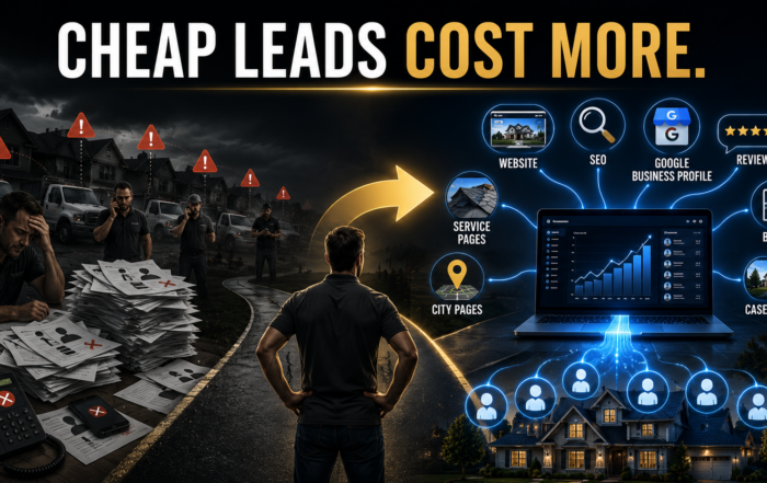 Roofing contractor comparing low-quality shared roofing leads with a predictable stream of exclusive qualified leads generated through a long-term marketing system