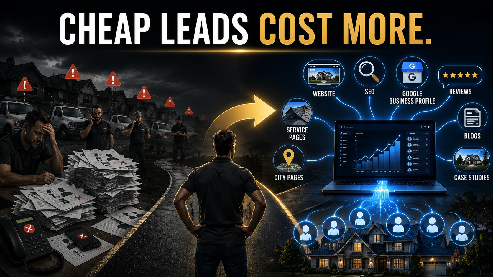 cheap-home-improvement-leads-cost-more Roofing contractor comparing low-quality shared roofing leads with a predictable stream of exclusive qualified leads generated through a long-term marketing system