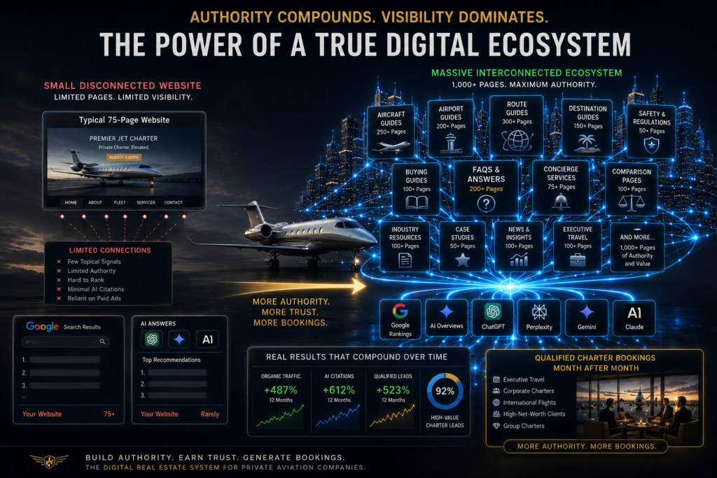 A comparison between a small disconnected website and a massive interconnected private aviation authority ecosystem feeding Google and AI search