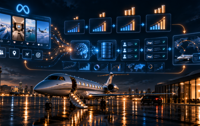 Private aviation Meta Ads scaling system connecting campaign budgets, CRM data, conversion signals, and qualified charter leads