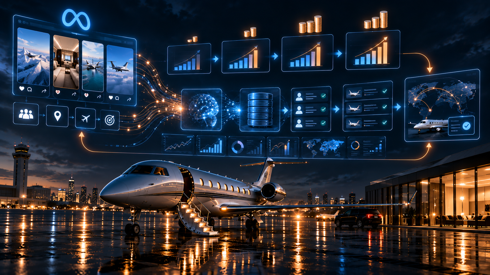 private-aviation-meta-ads-scaling Private aviation Meta Ads scaling system connecting campaign budgets, CRM data, conversion signals, and qualified charter leads
